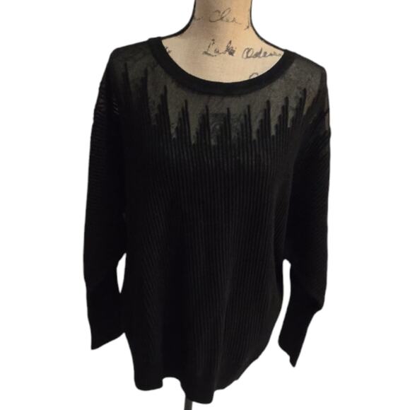 DKNY Black Neutral Monochromatic Sheer Inlay Ribbed Sweater Plus Size 2X New - Picture 10 of 13
